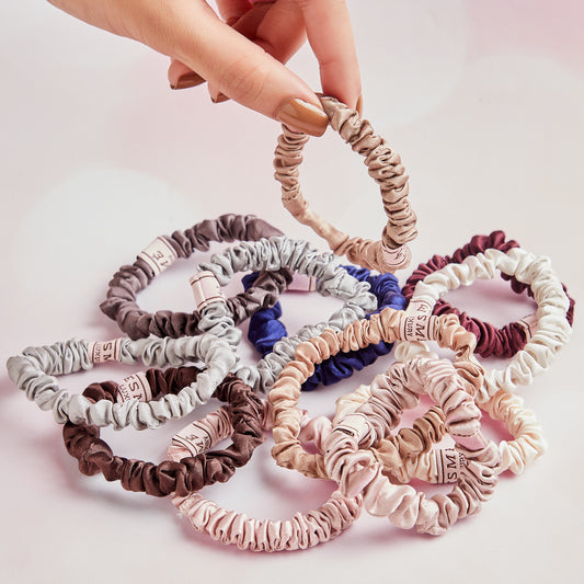 best hair acessories, silk scrunchies, skinny hair ties, satin band