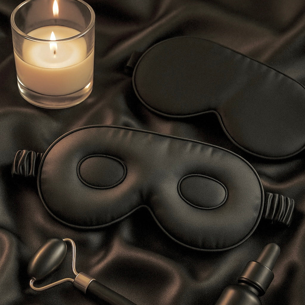 Black sleep mask, candle, and bottle on black satin fabric