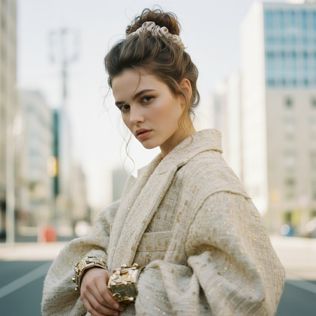 Beige Medium Silk Scrunchie- 1